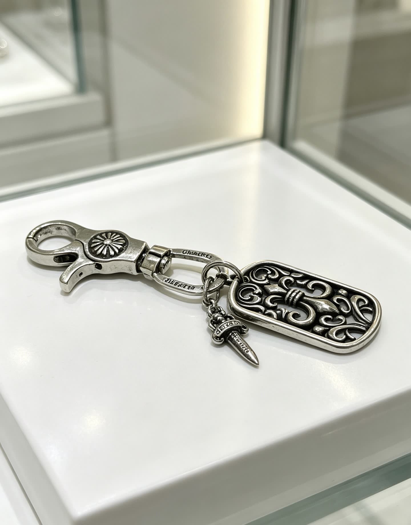 Chrome Hearts Charm Keychain with Fleur-de-lis and Dagger